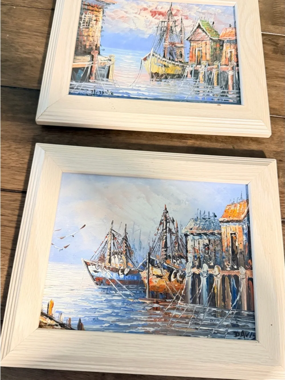 Framed Seascape Oil Paintings Set of 2 Signed Coastal Harbor Art Vintage Style